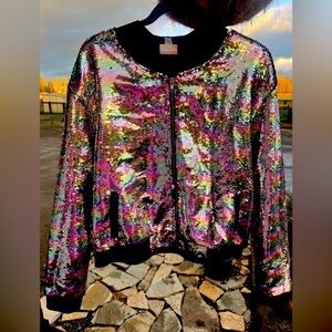 LULAROE ELEGANT STEVIE BOMBER JACKET 2XL Rainbow Sequins Pink Mermaid
